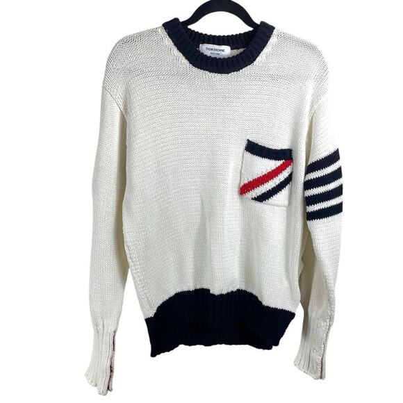 Thom Browne Cotton Jersey Pocket 4-Bar Stripe Crew Neck Sweater White Size S - Picture 4 of 8